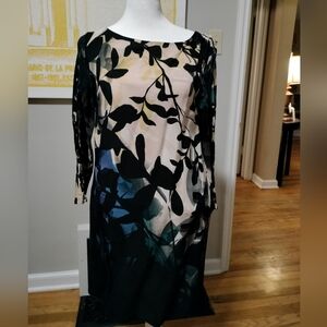 Maeve Anthropologie Elegant Black and Cream Leaf Print Dress With Pockets